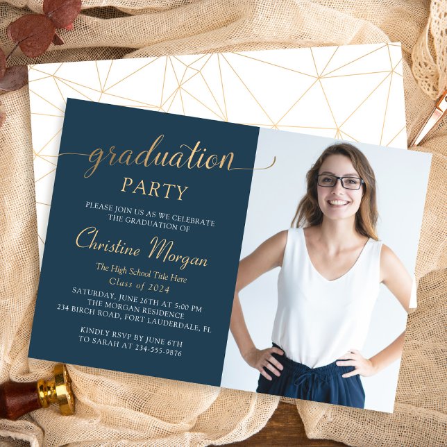 Gold Script Navy Blue Graduation Party Photo Invitation (Creator Uploaded)