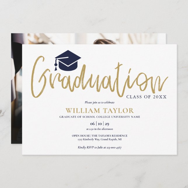 Gold Script Navy Blue Photo Graduation Party Invitation (Front/Back)