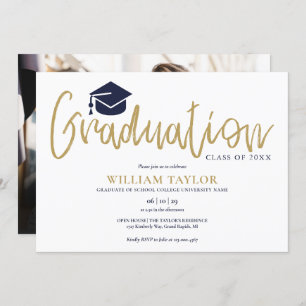Gold Script Navy Blue Photo Graduation Party Invitation