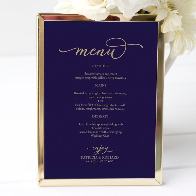 Gold Script Navy Blue Wedding Menu Sign (Creator Uploaded)