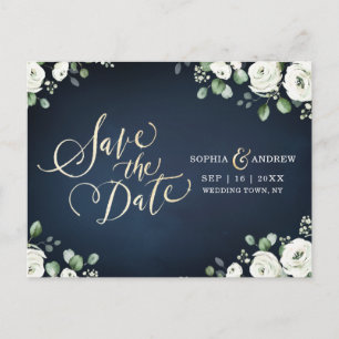 Gold script navy blue white floral save the date announcement postcard