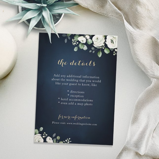 Gold script navy white floral wedding details enclosure card (Gold script navy white floral wedding details enclosure card)