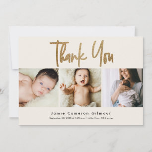 Gold Script Neutral Cream Beige 3 Baby photos Thank You Card