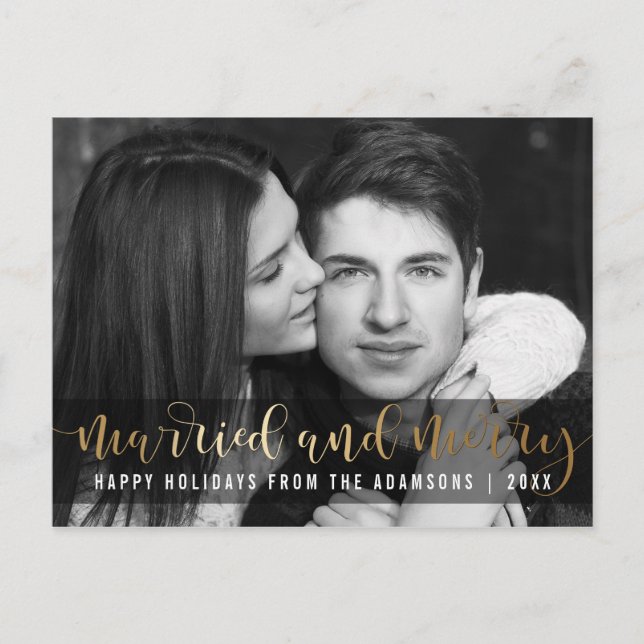 Gold Script Newlywed Holiday Black & White Photo (Front)