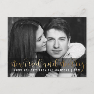Gold Script Newlywed Holiday Black & White Photo Postcard