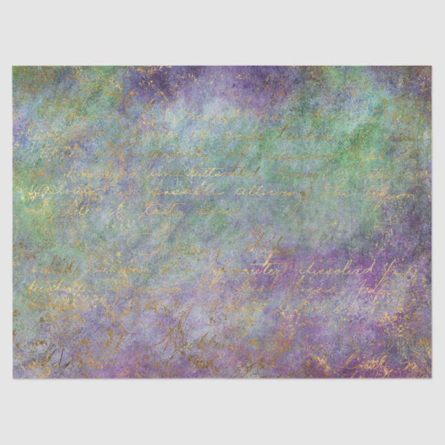 Gold Script on Purple and Green Decoupage Tissue Paper (Front)