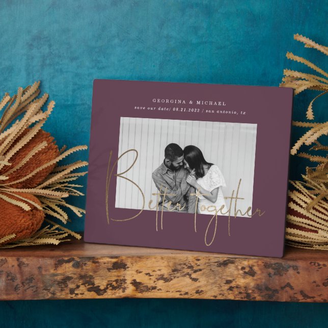 gold script one photo save the date engagement pla plaque (Side)