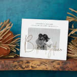 gold script one photo save the date engagement plaque<br><div class="desc">elegant bold script font in three variants golden foil,  white and black with several background colour options. This one photo design is perfect for your save the date and engagement cards. Choose between different options in our store.</div>