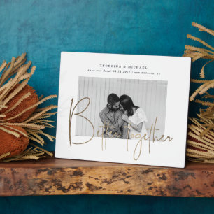 gold script one photo save the date engagement plaque