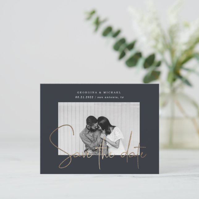 gold script one photo save the date postcard (Standing Front)