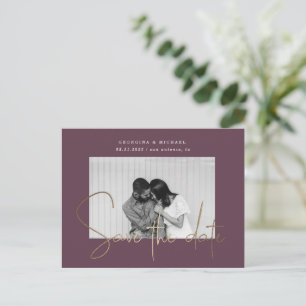 gold script one photo save the date postcard