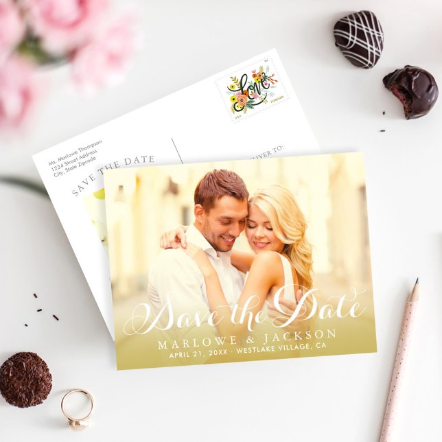 Gold Script Overlay Photo Save the Date Announcement Postcard (Creator Uploaded)
