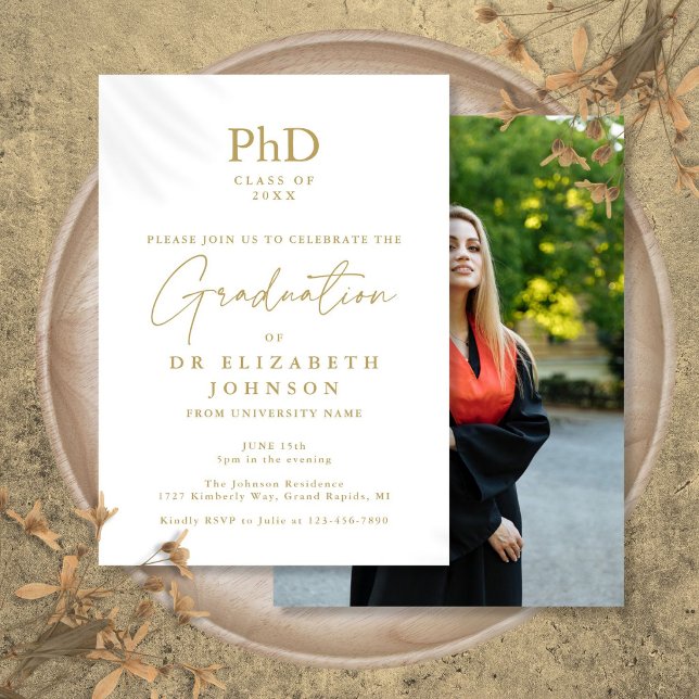 Gold Script PhD Degree Photo Graduation Party Invitation (Gold Script PhD Degree Photo Graduation Party Invitation)