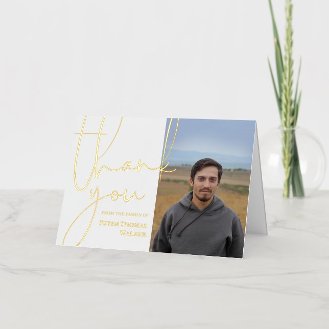 Gold Script & Photo Funeral Thank You Foil Greeting Card (Front)