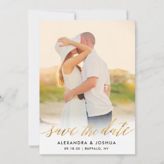 Gold Script Photo Save the Date in Faux Foil