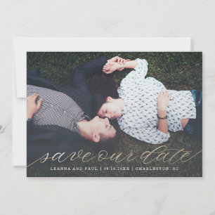 Gold Script Photo Save the Date in Faux Foil