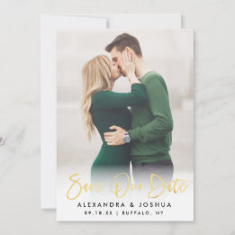 Gold Script Photo Save the Date in Faux Foil