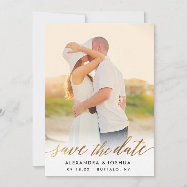 Gold Script Photo Save the Date in Faux Foil (Front)