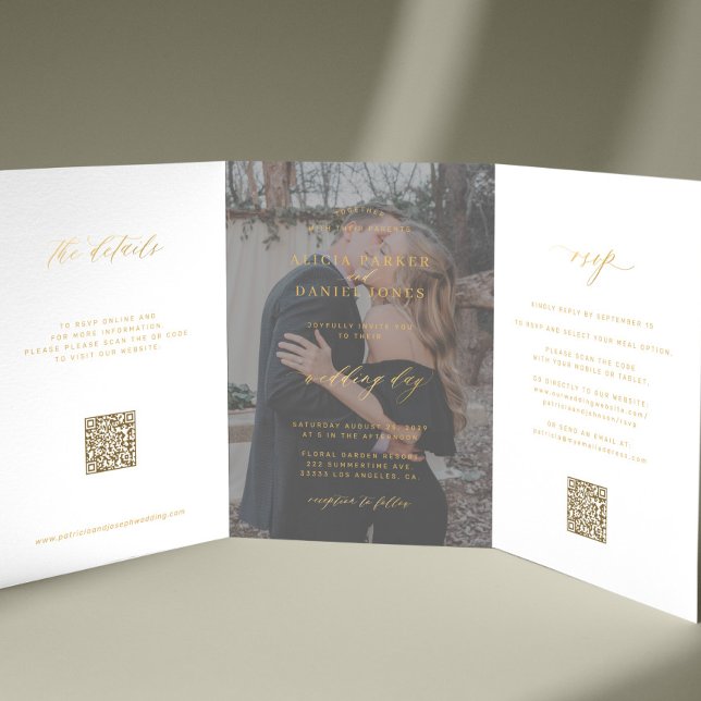 Gold script photo wedding RSVP details QR code  Tri-Fold Invitation (Creator Uploaded)