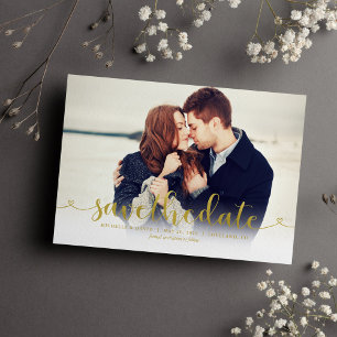Gold Script Photo Wedding Save the Date