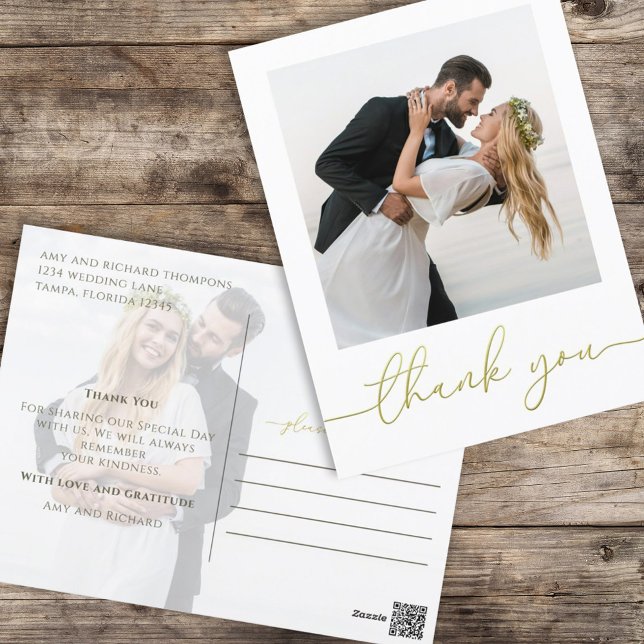 Gold Script Photo Wedding Thank You Postcard (Gold script wedding thank you postcard with photo and minimalist modern design)