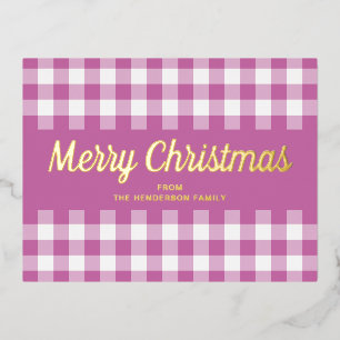 Gold Script Pink Gingham Merry Christmas Foil Holiday Postcard
