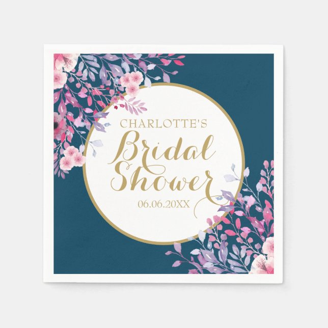 Gold Script Pink Meadow Floral Bridal Shower Napkin (Front)