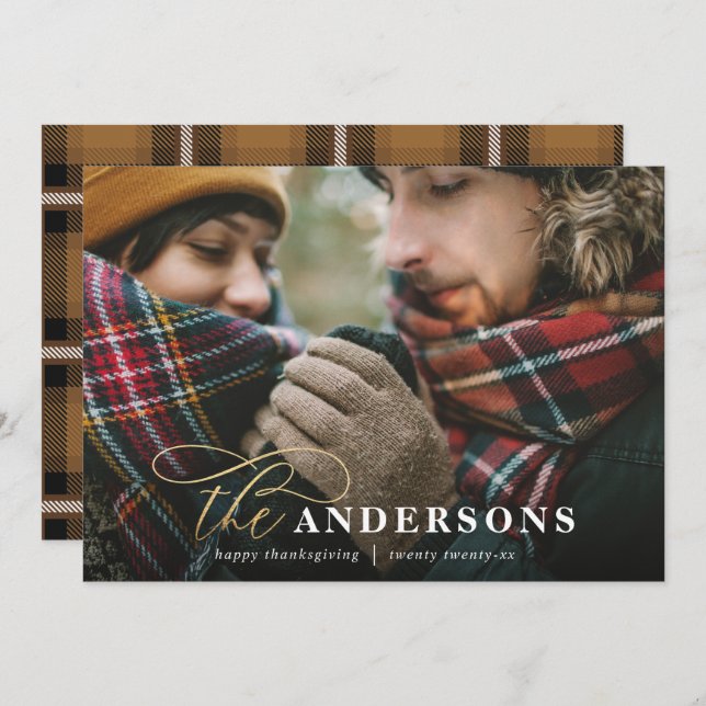 Gold script plaid backer 1 photo thanksgiving holiday card (Front/Back)