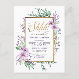 Gold Script Purple Floral Surprise Birthday Party Invitation Postcard