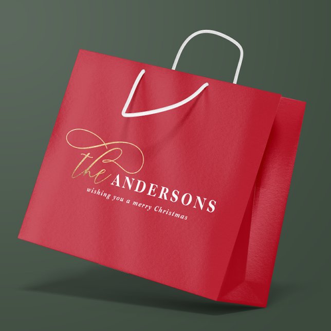 Gold script red modern minimal rustic Christmas Large Gift Bag (Creator Uploaded)
