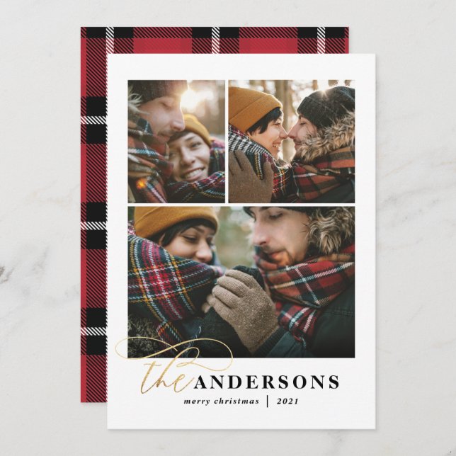 Gold script red plaid backer 3 photo Christmas Holiday Card (Front/Back)
