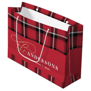 Gold script red plaid tartan rustic Christmas Large Gift Bag