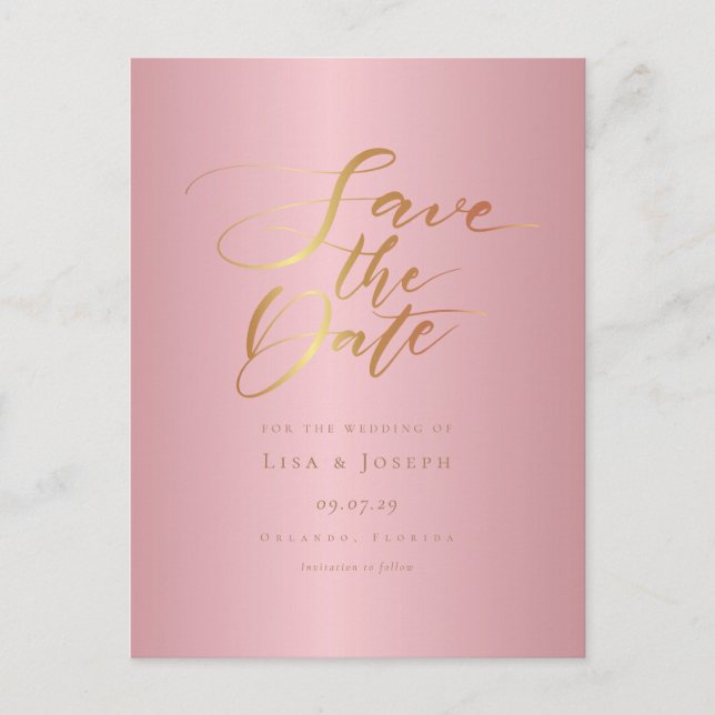 Gold Script Rose Gold Save The Date Announcement Postcard (Front)