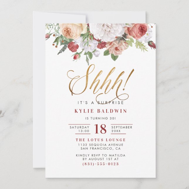 Gold Script Shhh! It's A Surprise Birthday Party Invitation (Front)