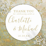 Gold Script Signature Wedding Favour Thank You  Classic Round Sticker<br><div class="desc">Gold and white signature script wedding favour thank you classic round sticker featuring signature style names. Personalise with your special thank you message in chic gold typography. Designed by Thisisnotme©</div>