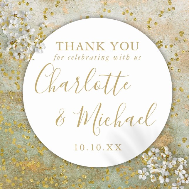 Gold Script Signature Wedding Favour Thank You  Classic Round Sticker (Gold Script Signature Wedding Favor Thank You Classic Round Sticker)