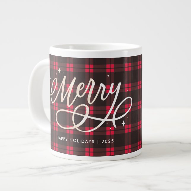 Gold Script Sparkly Merry Holiday Plaid Photo Gift Large Coffee Mug (Front Left)