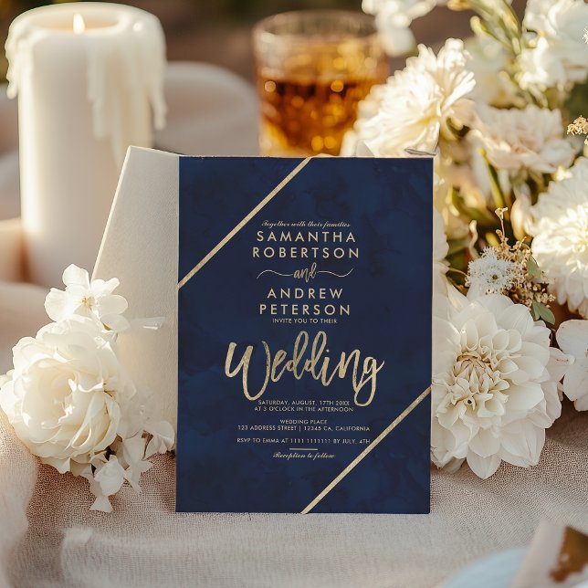 Gold script stripes navy blue watercolor wedding invitation (Gold script stripes navy blue watercolor wedding invitation)