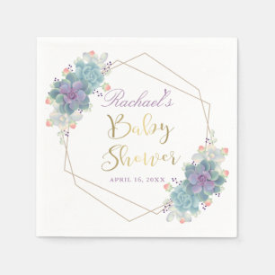 Gold Script Succulents Gold Geometric Baby Shower Napkin