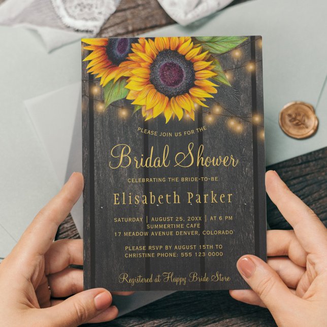 Gold script sunflowers country wood bridal shower invitation (Creator Uploaded)