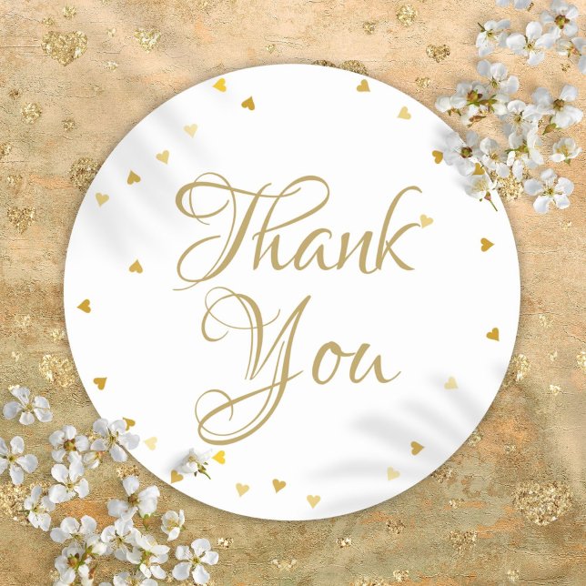 Gold Script Thank You Love Hearts Confetti Classic Round Sticker (Gold Script Thank You Love Hearts Confetti Classic Round Sticker)