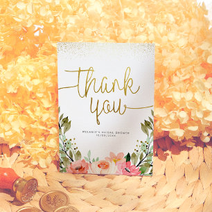 Gold Script Thank You Pink Watercolor Floral Card