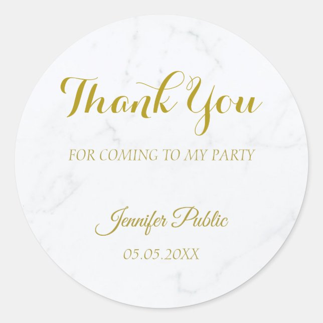 Gold Script Thank You Template White Marble Classic Round Sticker (Front)