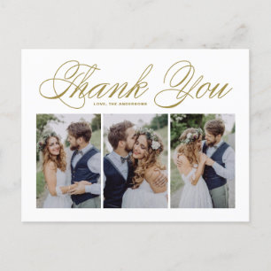 Gold Script Three Photo Collage Wedding Thank You Postcard