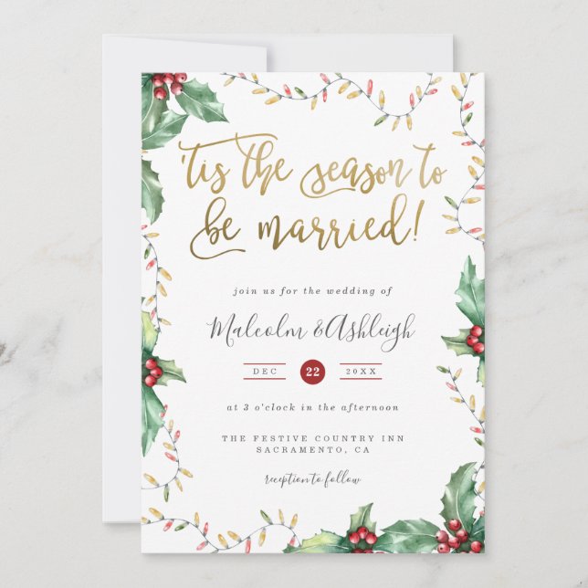 Gold Script 'Tis The Season Christmas Wedding Holiday Card (Front)