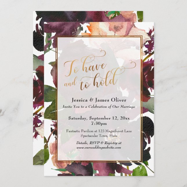 Gold Script To Have and To Hold Burgundy Floral Invitation (Front/Back)