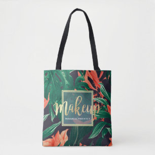 Gold Script & Tropical Floral Makeup Beauty Salon Tote Bag