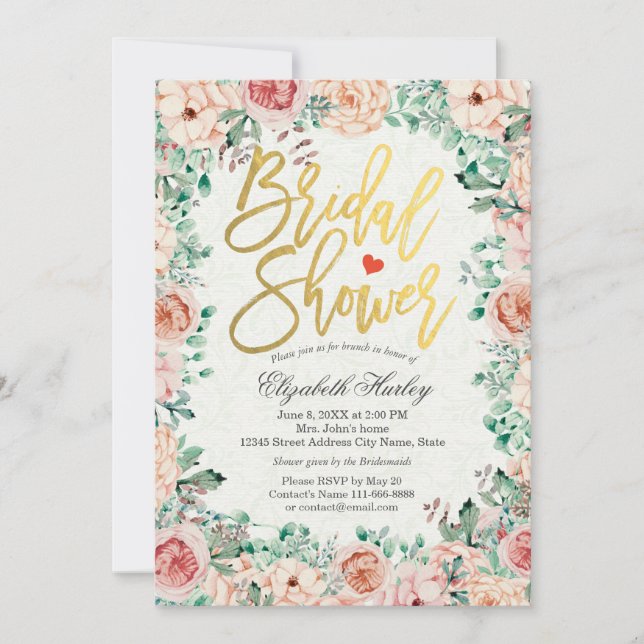 Gold Script Watercolor Floral Bridal Shower Invite (Front)