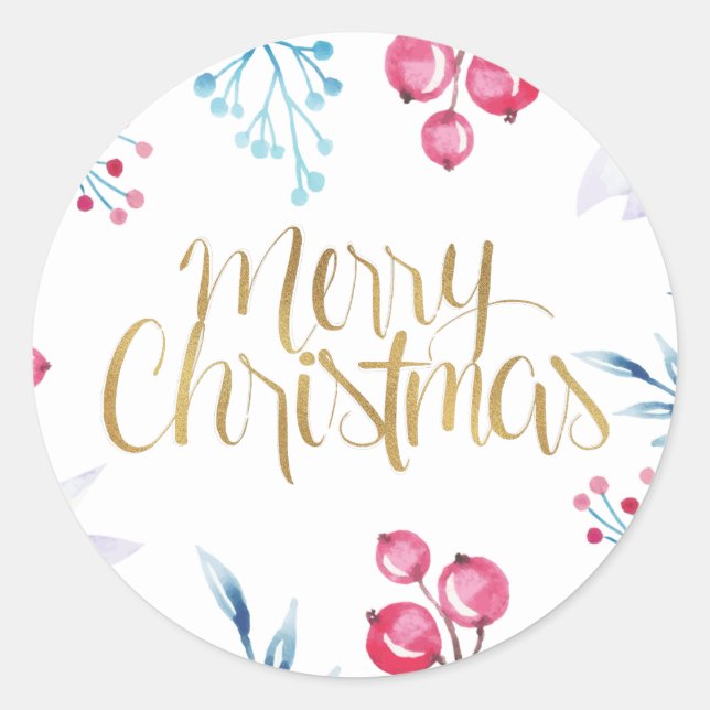 Gold script watercolor floral christmas sticker (Front)