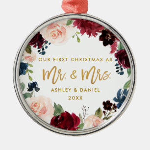 Gold Script Watercolor Floral First Christmas Metal Ornament